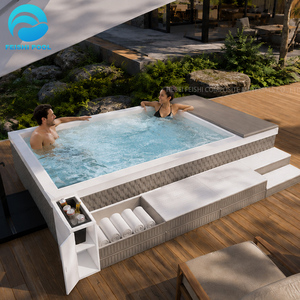 <span class=keywords><strong>Piscine</strong></span> hors-sol moderne en fibre de verre avec canapé-lit familial, spa de nage et structure en rotin pour jardin et extérieur - Product Image 3