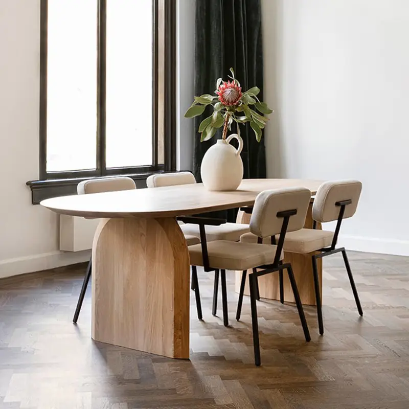 ATUNUS Mebel Perancis Modern Warna Kayu Hangat Meja Makan Elegan 6 Kursi Meja Ruang Makan Oval Kayu Set untuk Rumah