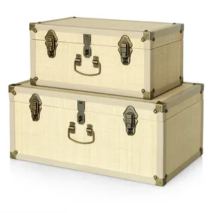 Natural raffia set of 2 storage trunk organizer stackable box with leather strap antique brass accessories decor