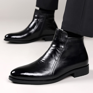 Bottes noires en cuir véritable à bout pointu, à enfiler, pour le travail, toutes saisons, couleur unie, style Oxford, vente en gros, paiement par proxy - Product Image 1