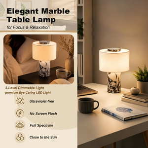 Rechargeable Marble <b>Table</b> Lamp Linen Shade Cordless Touch Dimmable Bedside Ambient <b>Light</b> Luxury Cylindrical Desk Lamp - Product Image 3
