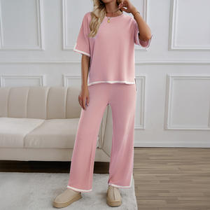 <span class=keywords><strong>Felpa</strong></span> <span class=keywords><strong>in</strong></span> maglia da donna allentata 2 pezzi maglione completo Pullover a maniche corte top pantaloni larghi <span class=keywords><strong>in</strong></span> <span class=keywords><strong>vita</strong></span> elasticizzata Set da salotto - Product Image 3