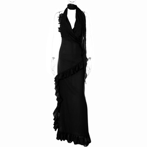 Vestido largo ajustado sexy con aberturas, cuello halter, color liso y volantes para mujer - Venta al por mayor - Product Image 6
