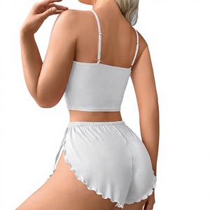 Women <b>2</b>-<b>Piece</b> Breathable Sexy Knitted Lounge <b>Set</b> Sleeveless Crop Top Elastic Waist Shorts Solid <b>White</b> Summer Casual Wear Front - Product Image 2