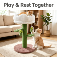 Arbre à chat interactif en forme de cactus mignon avec poteau en sisal vert, lit de repos fleur blanc et boule suspendue