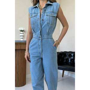 Overol de Mezclilla Azul para Mujer, 100% Algodón, Lavable, Estilo Simple, Pierna Ancha - Product Image 1