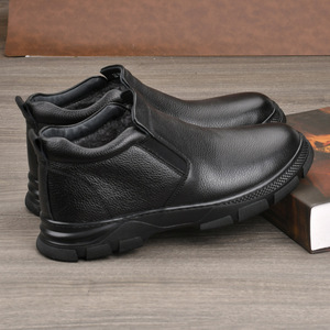Bottines pour hommes en cuir véritable, bout rond, talon plat, doublure en fourrure, semelle extérieure en caoutchouc, bottes Chelsea isolantes, chaudes pour l'hiver, décontractées - Product Image 4
