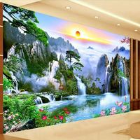 Papier peint mural paysage chinois pour décoration de salon, élégant paysage naturel, cascade, coucher de soleil, papier peint autocollant