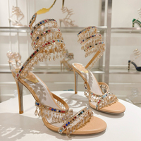 Sandales à talons aiguilles et pompon en cristal multicolore, style serpent entrelacé, idéales pour les soirées et