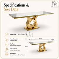 Table à manger moderne en acier inoxydable doré avec plateau en verre transparent, base en forme de cœur, mobilier pour événements et mariages, vente en gros