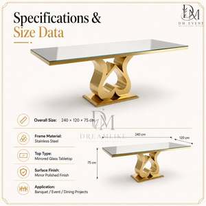 Table à manger moderne en acier inoxydable doré avec plateau en verre transparent, base en forme de cœur, mobilier pour événements et mariages, vente en gros - Product Image 3