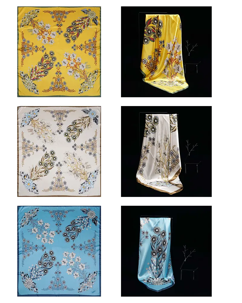 Fabricant logo personnalisé conception impression numérique élégant longues écharpes carré polyester soie satin foulard pour les femmes
