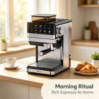 Cafetera Espresso Eléctrica Comercial de 20 Bares con Molinillo Incorporado, 20 Ajustes de Molienda, Taza de Acero Inoxidable Compacta para Hotel