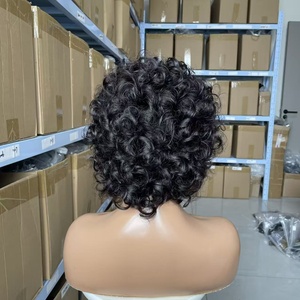 12A Wholesale 100% Natural Brazilian Hair Short <strong>Pixie</strong> <strong>Wig</strong> with Hairband Machine <strong>Curled</strong> #1B in Stock - Product Image 4