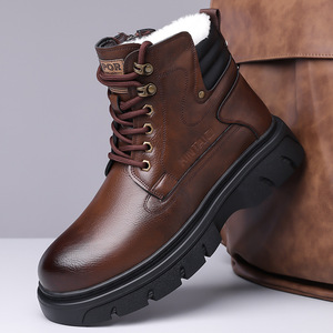 Bottes à lacets en cuir véritable pour hommes, bout rond, doublure en fourrure, semelle en caoutchouc, bottes d'hiver chaudes antidérapantes pour la neige - Product Image 1