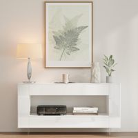 Meuble TV blanc brillant avec 2 tiroirs, portes à ouverture par pression et étagères réglables, console multimédia moderne pour téléviseurs jusqu'à 65 pouces
