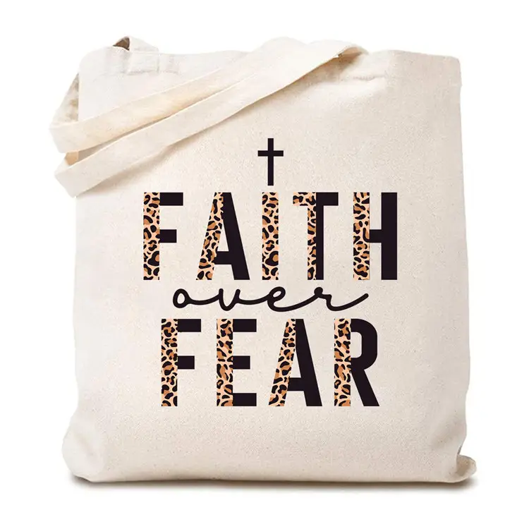 Wholesale Faith Over Fear Half Leopard Black Canvas Tote Bag for Women Funny Bible Quotes Reusable Grocery Shopping Bags