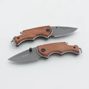 Engravable Wood Handle Small Grey Titanium Plated Camping Survival Folding EDC Gift Pocket Knife