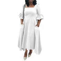 Robe mi-longue plissée taille haute à col carré et manches cloche pour femme, avec poches, couleur unie, élégante, style vintage 2026