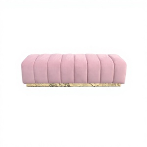 Modern Luxury Pink Velvet Upholstered Ottoman Bench Gold Stainless Steel Base Long Footstool <b>Bed</b> <b>End</b> Stool - Product Image 1