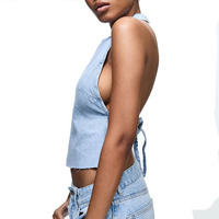 Top Halter en Denim Bleu Clair pour Femmes, Sexy, Style Y2K, Bretelles Ajustables, Design à Cordon, Respirant, 100% Coton, Non Élastique