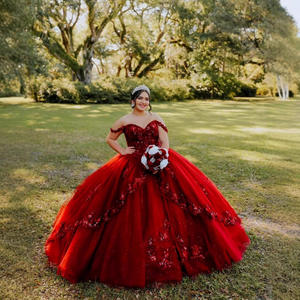 LY-QD0002 Quinceanera balo elbisesi kız 15 yıl elbise parti dantel prenses etek off-omuz etek çok renkler anti-statik - Product Image 1