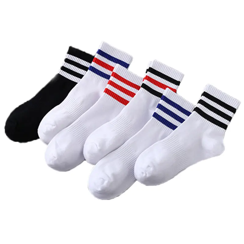 Оптовая продажа, индивидуальные Школьные носки средней длины из 100 хлопка белого и черного цвета, Школьные носки в полоску для мужчин и женщин