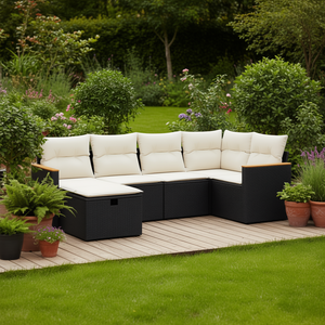 Ensemble de salon de jardin en rotin blanc crème et noir avec coussins, 6 places, mobilier d'extérieur, design contemporain - Product Image 2