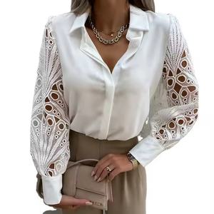 เสื้อท็อปส์ผู้หญิงแบบใหม่สำหรับฤดูใบไม้ร่วง OEM ผลิตตามสั่ง ผ้าฝ้าย 100% เสื้อเชิ้ตคอวีสำหรับธุรกิจ เสื้อแขนยาวแบบโปร่ง - Product Image 2