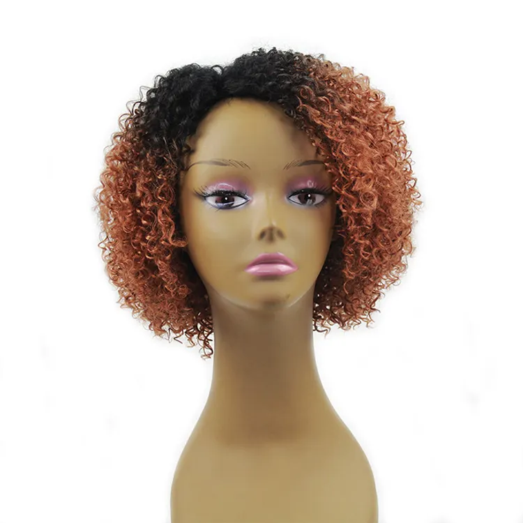 Pelucas de cabello sintético para mujeres negras, pelo Afro rizado, barato, con encaje suizo, color marrón oscuro, 8 pulgadas, Ombre, venta al por mayor