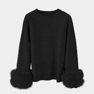 Nuovo Arrivo all'Ingrosso: Maglione Pullover da <span class=keywords><strong>Donna</strong></span> in 100% Lana, Colore Tinta Unita, Collo a O, con Polsini in Pelliccia di Volpe - Product Image 2