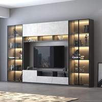 Meuble TV mural de style moderne personnalisé en gros, console multimédia de luxe en bois pour salon et chambre à coucher, armoires avec LED