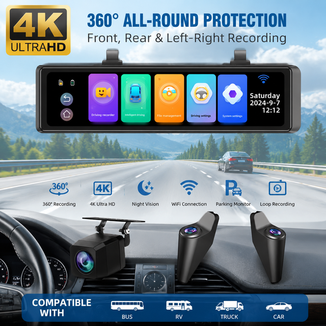 12 Inch AI Smart Dash Cam 4K 4 Camera Driving Recorder ADAS Lane Departure Warning Forward Collision Alert Parking Monitor