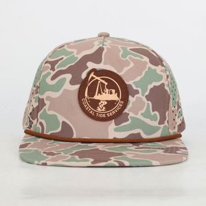 OEM Custom 5-Panel Sport Leather Patch <b>Hat</b> With Old School Duck Camo Pattern Laser Cut Hole Snapback Cap Logo Design Wholesale - Product Image 1