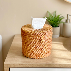 Boîte à mouchoirs en rotin faite à la main, style bohème, conteneur de rangement rond tissé pour la décoration de la maison - Product Image 2