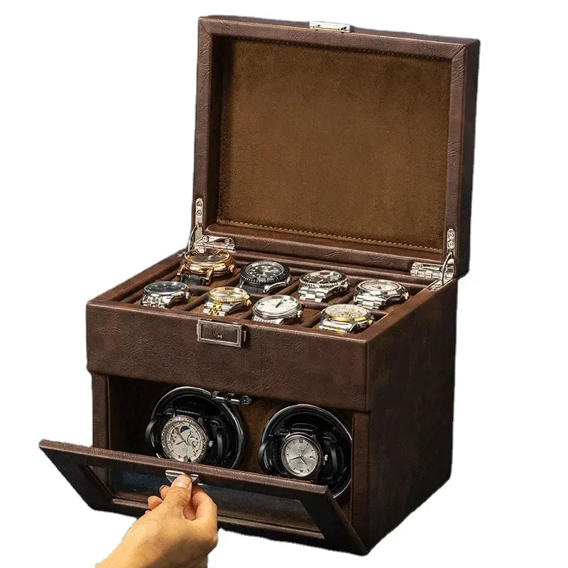 Caja enrolladora de reloj, caja de reloj automática de vidrio con 2 + 8 ranuras para Rolex, caja de exhibición de reloj mecánico, soporte de cadena, enchufe de la UE, AU, Reino Unido, EE. UU.