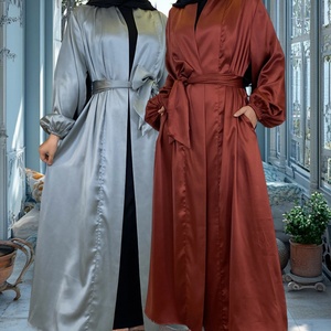 Spring Summer Abaya Smooth Thick Satin Solid Color Simplicity With Pockets Cardigan Muslim <b>Islamic</b> Women Clothing 1917# - Product Image 3