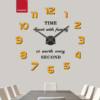 Grande horloge murale DIY en acrylique noir et or, mouvement à quartz silencieux, autocollant mural artistique moderne pour la décoration de bureau de direction