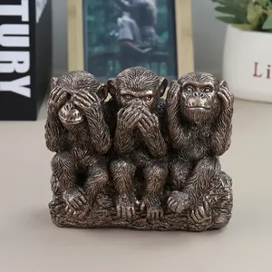 Ensemble de statues en résine Offre Spéciale classiques des trois singes sages, finition bronze antique avec socle en bois, décor de bureau à domicile <span class=keywords><strong>philosophie</strong></span> pour bureau - Product Image 5