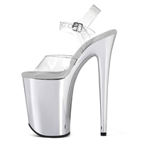 Chaussures de danseuse exotique argentées effet miroir, à talon aiguille, plateforme haute de 9 pouces, bout ouvert, bride de cheville en PVC transparent, pour performance