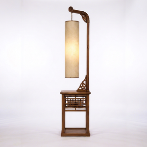 Lampe sur pied en bois, style pagode asiatique traditionnel, abat-jour en papier, blanc cassé, lumière ambiante chaude, AC E26 LED CRI 80, chambre à coucher - Product Image 1
