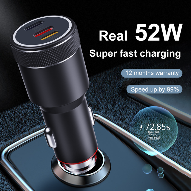 52W Dual Type C Car Charger Metal Auto PD Charger Adapter Fast Charging USB C Charger for iPhone 13 12