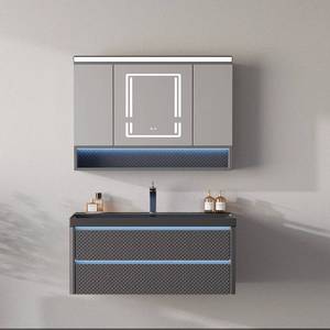 Hotel style seamless rock slab integrated basin intelligent folding mirror <b>cabinet</b> <b>wall</b> <b>mounted</b> bathroom <b>cabinet</b> - Product Image 3