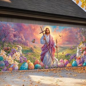 Bannière <span class=keywords><strong>de</strong></span> porte <span class=keywords><strong>de</strong></span> garage Joyeuses Pâques Jésus et les œufs avec fleurs, pour la maison, l'église, la décoration <span class=keywords><strong>de</strong></span> printemps - Product Image 5