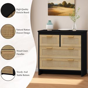 <span class=keywords><strong>Commode</strong></span> à 4 tiroirs, <span class=keywords><strong>commode</strong></span> en rotin <span class=keywords><strong>noir</strong></span> avec poignées en <span class=keywords><strong>métal</strong></span>, <span class=keywords><strong>commode</strong></span> d'entrée pour chambre à coucher - Product Image 3