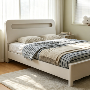 Minimalist White Queen Size Storage Bed <b>Frame</b> with Fabric Upholstery and MDF Panel Design - Product Image 5