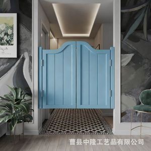 Country Style Solid Wood Half Height Door Double Opening Interior <b>Partition</b> Gate Light Blue Corridor Bathroom <b>Screen</b> Door - Product Image 2