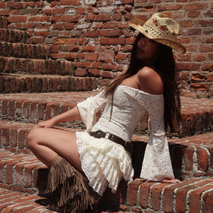 Party Lace Dress Off-Shoulder Bardot Neck <b>Long</b> Sleeve Short Dress <b>Bodycon</b> Waist Tiered <b>Skirt</b> Elegant Dress - Product Image 4