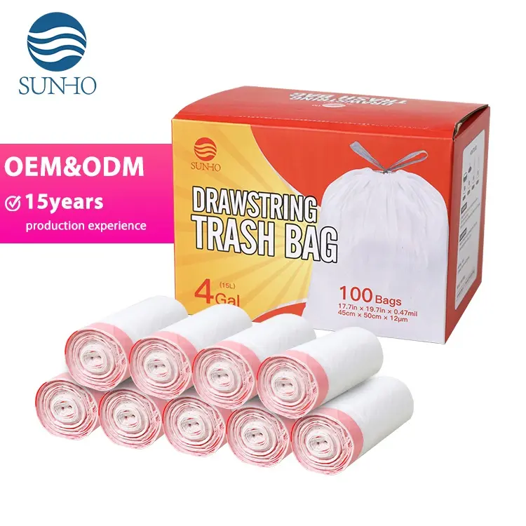 Venta al por mayor de bolsas de basura de plástico impresas personalizadas en rollos bolsas de basura de 13 galones con cordón