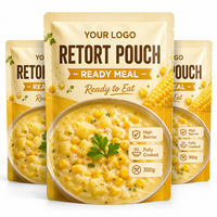 Sachet refermable imprimé sur mesure à trois soudures, résistant aux hautes températures (121°C), pour emballage alimentaire de soupe de maïs crémeuse et plats préparés